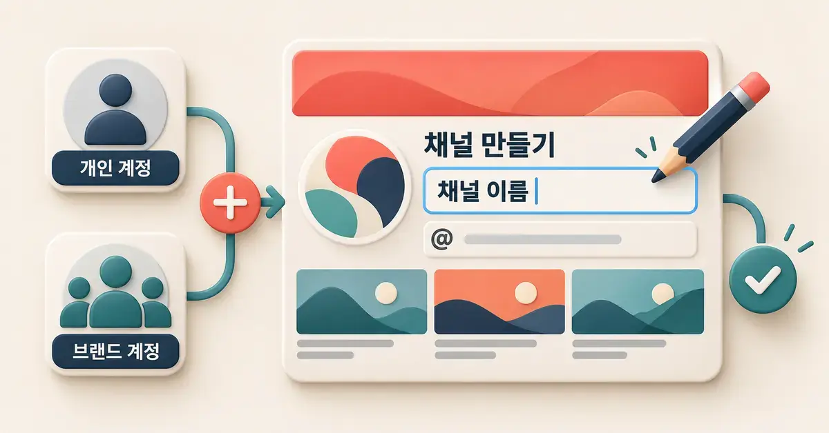 개인 계정과 브랜드 계정을 선택해 유튜브 채널을 만들고 채널 이름과 핸들을 설정하는 과정을 표현한 그래픽.