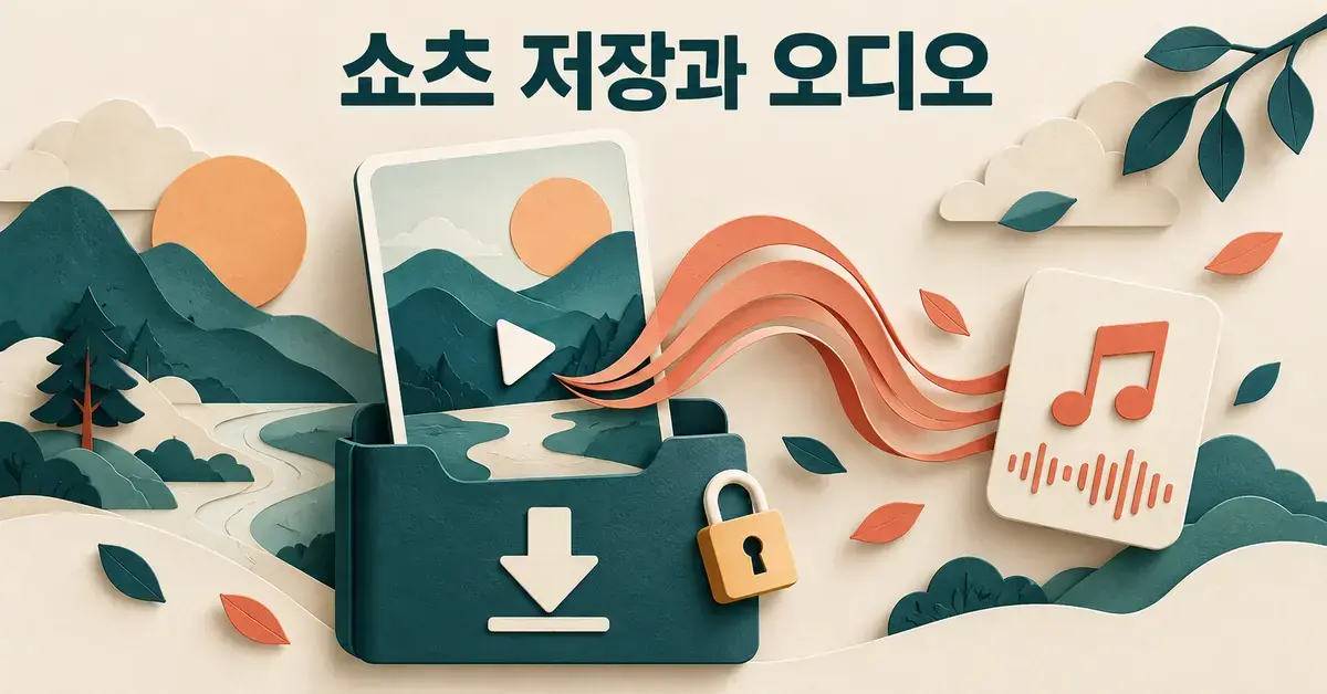 세로형 쇼츠 영상이 자물쇠가 달린 저장 폴더에 담기고 오디오 카드로 음파가 이어지는 모습을 표현한 그래픽입니다.